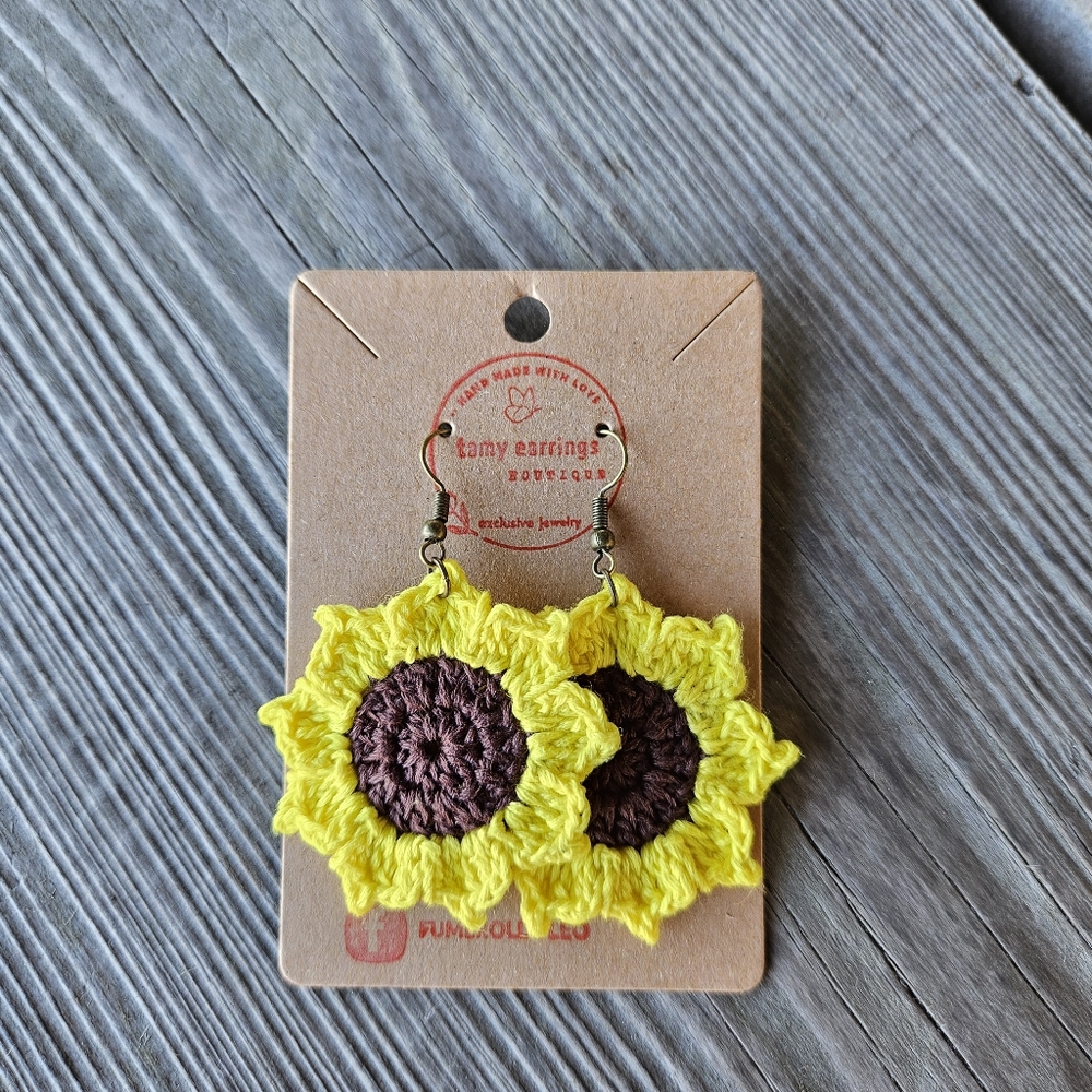 Crochet sunflower earrings woven hoops accessories and jewelry handmade